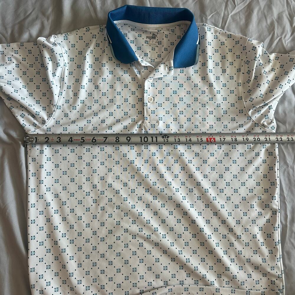 Puma White/Blue Geometric Design, Short Sleeve, Golf Polo- M - Picture 8 of 9